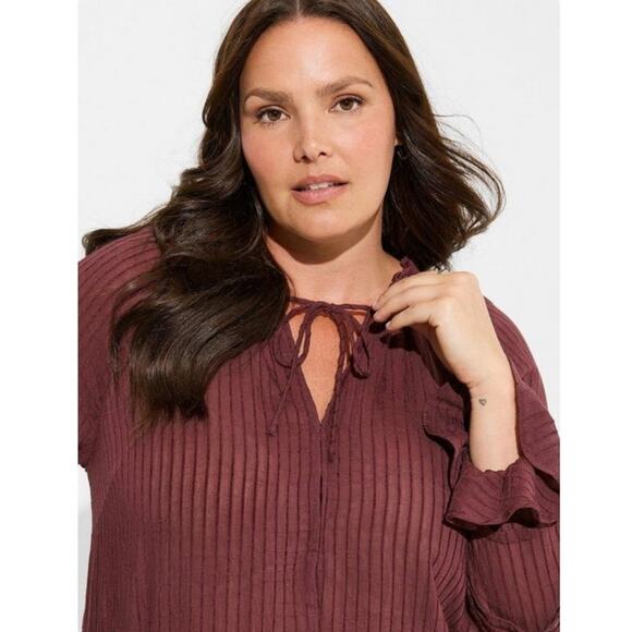 Torrid Maroon Stripe Gauze Lace Up Peasant Top size 3 - Picture 3 of 16